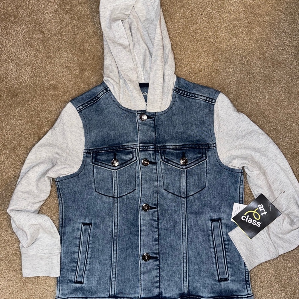 Denim Jacket with Light Gray Hoodie and Sleeves, NWT